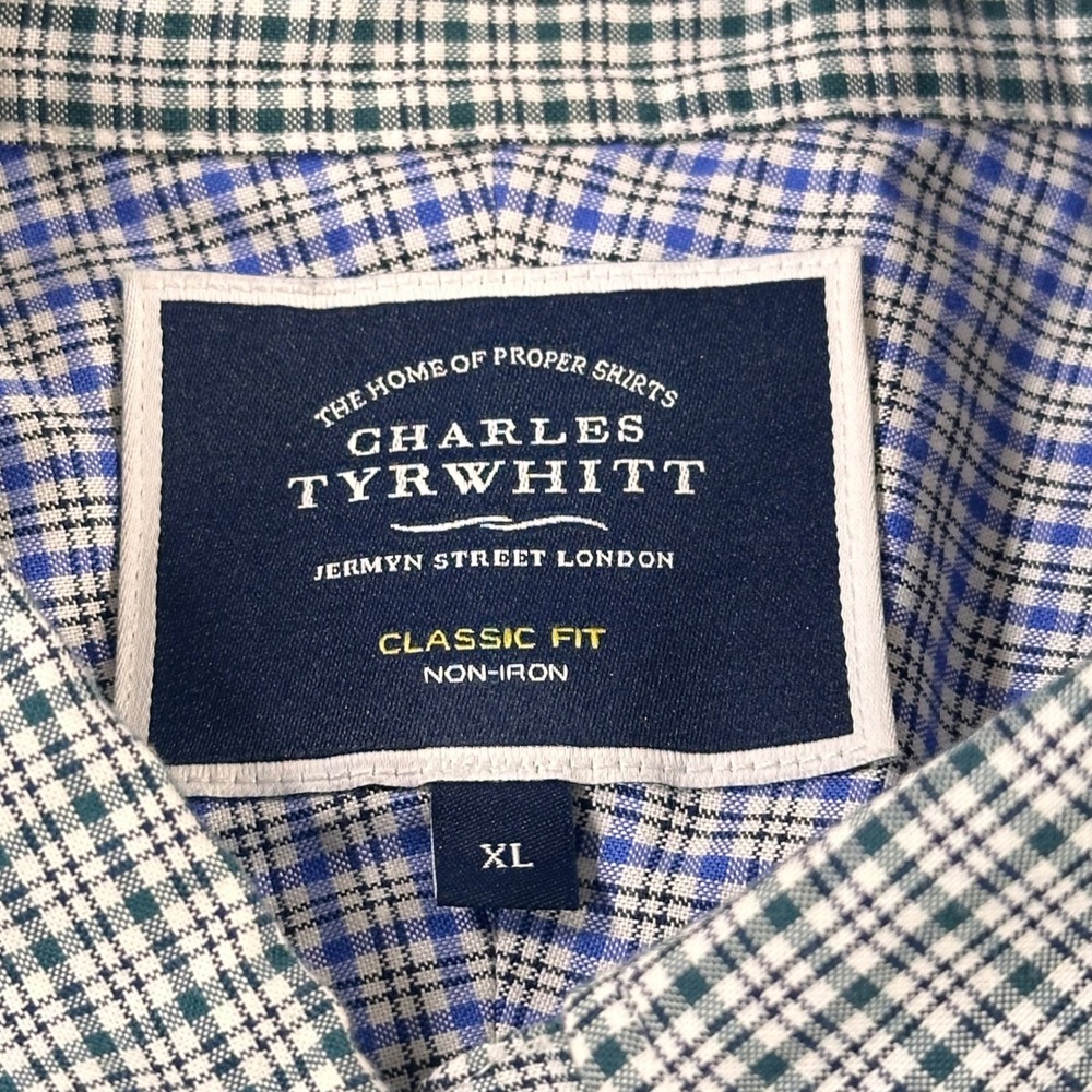 Charles Tyrwhitt Mens XL Classic Fit Non-Iron Button Down Shirt Green Blue Check